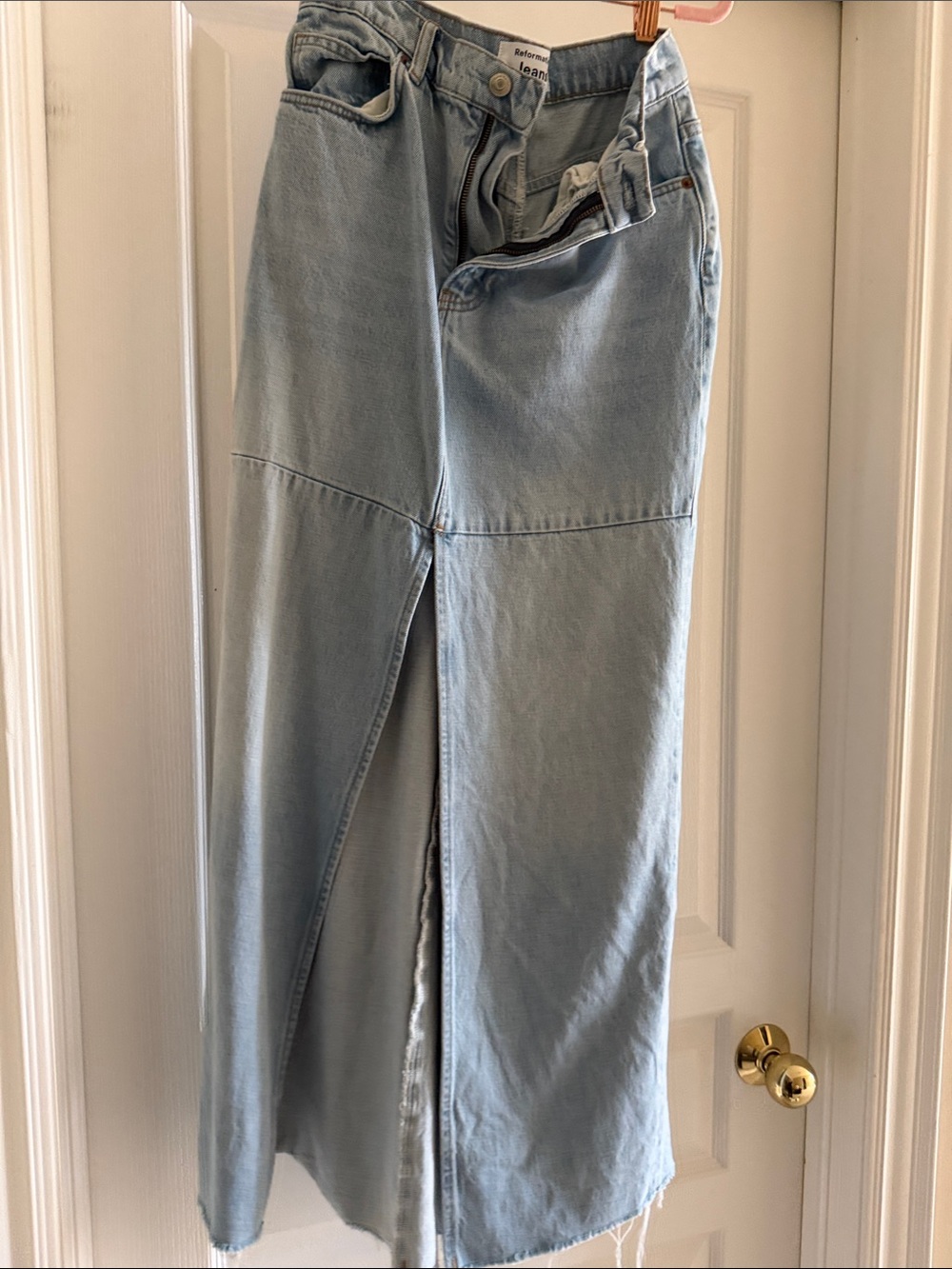 Reformation Light Blue Denim Maxi Skirt with Center Front Slit